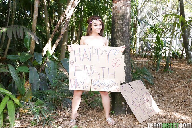Small-tittied love wants to safe the trees and gets naked in protest