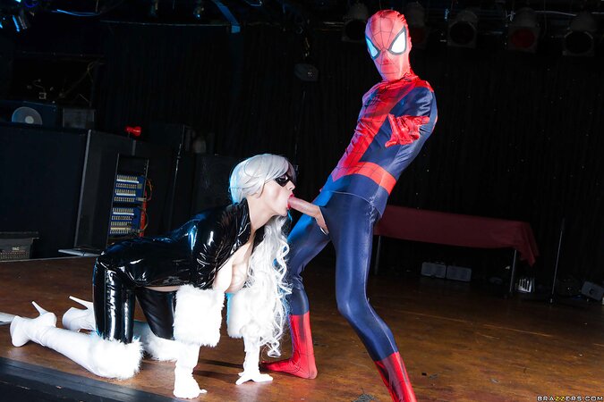 Spider-man fucks platinum blonde villain in latex showing why he is a superhero