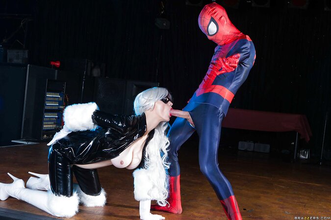 Young woman with blonde hair called spider-man home to give him a blowjob