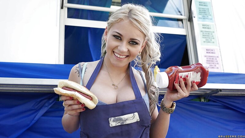 Cute blonde girl wants to treat us with a fresh hot dog and appetizing tits