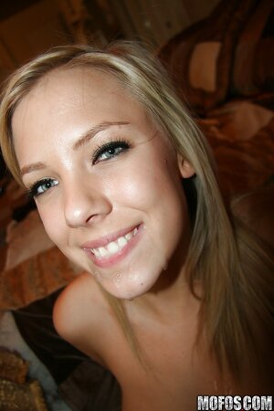 After great POV fuck, blonde babe spits cum out on her beautiful natural tits