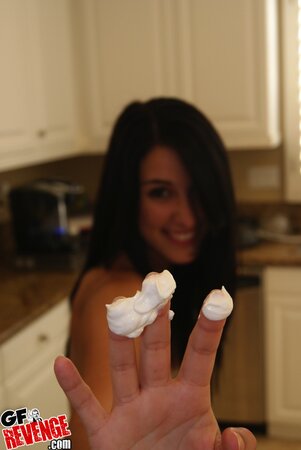 Girl shows off her nude body in the kitchen prior to hot sex