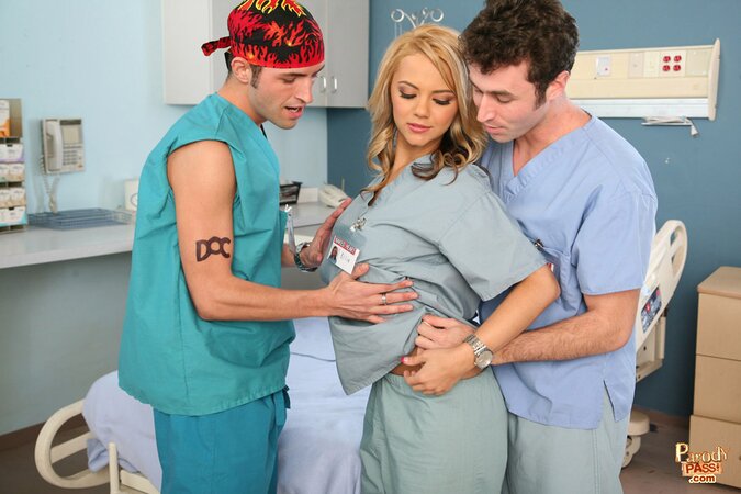 Alexis Texas, Ashlynn Brooke, Joanna Angel, Kate Alton, Tori Black, and James Deen reenact a hospital TV show with hardcore action