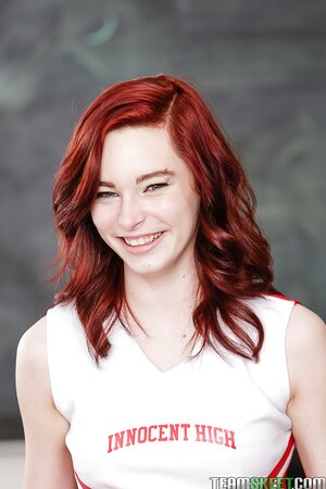 Fragile love with dyed in red hair can't resist showing off pussy on desk