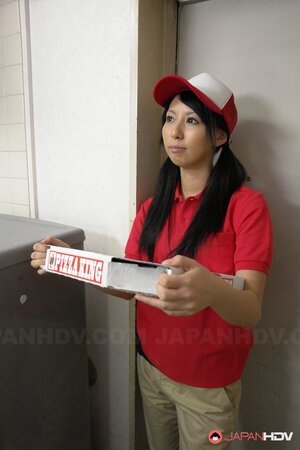 Horny Asian pizza delivery girl gives sexual joy to an older customer