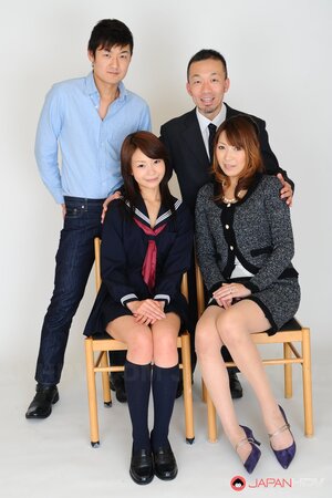 Horny Japanese bitches pose for photographer naked with stepfather and stepson