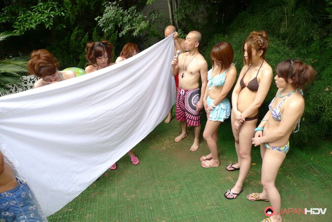 Japanese studs finger and toy pussies of pretty girlfriends during garden party