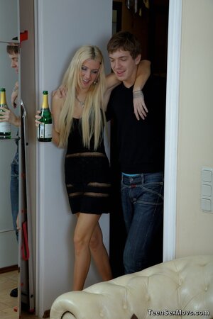 Young blonde girl has fun sucking and fucking her date after getting drunk on wine