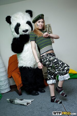 Panda toy is going to enjoy some punishing sex with a hot gal