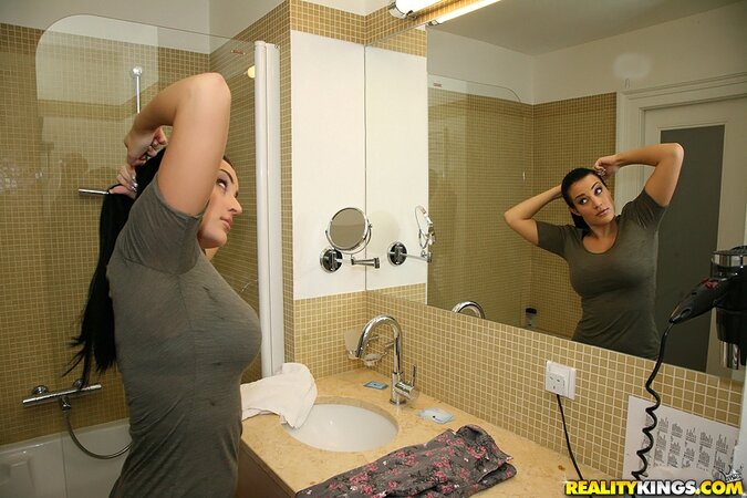 Black-haired bombshell worships amazing jugs in shower for landlord's pleasure