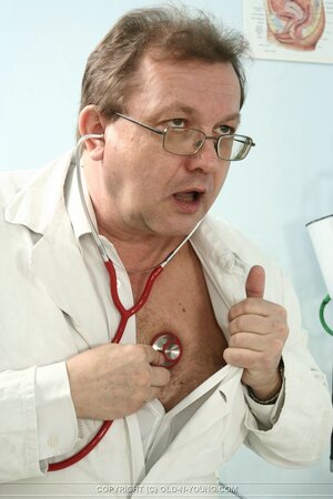 Glorious redhead has holes filled with doctor's cock being felt up by him