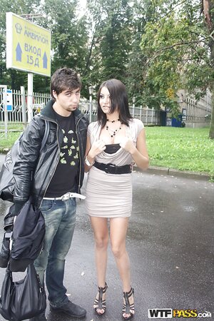Russian slut flashes tits and lets guy touch her ass in the public place