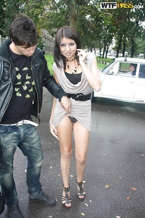 Russian slut flashes tits and lets guy touch her ass in the public place
