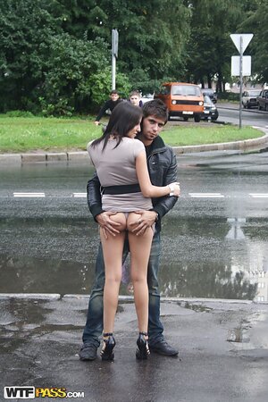 Russian slut flashes tits and lets guy touch her ass in the public place