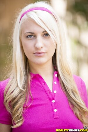 Cute blonde Hailey Holiday comes home and sits down naked and spreads legs