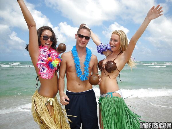 Pushy females with coconut bras hook up with young men at the pool party