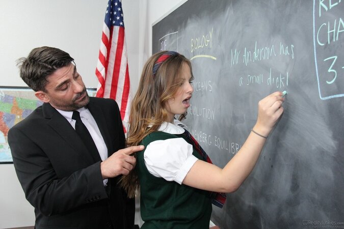Blue-eyed schoolgirl owned by handsome biology teacher after classes