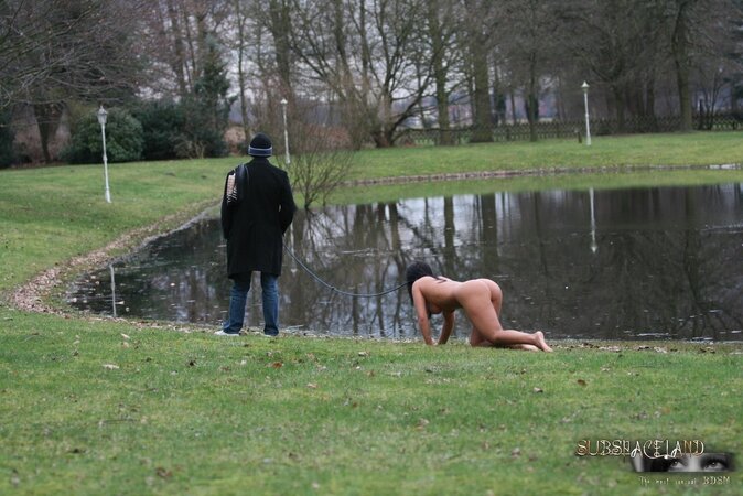 Master walks with dominated nude brunette on a leash and ties her up to the tree