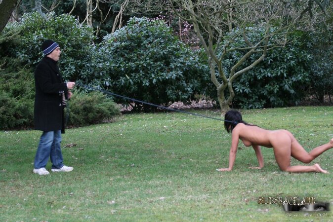 Master walks with dominated nude brunette on a leash and ties her up to the tree