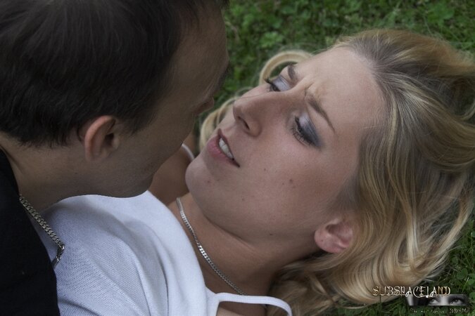Poor blonde punished in backyard by guy who loves to use whip and wax