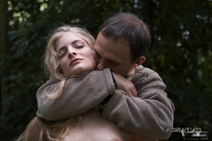 Blonde Hungarian whore Cayenne Klein hung upside down and kissed by man