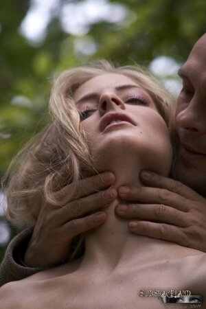 Blonde Hungarian whore Cayenne Klein hung upside down and kissed by man