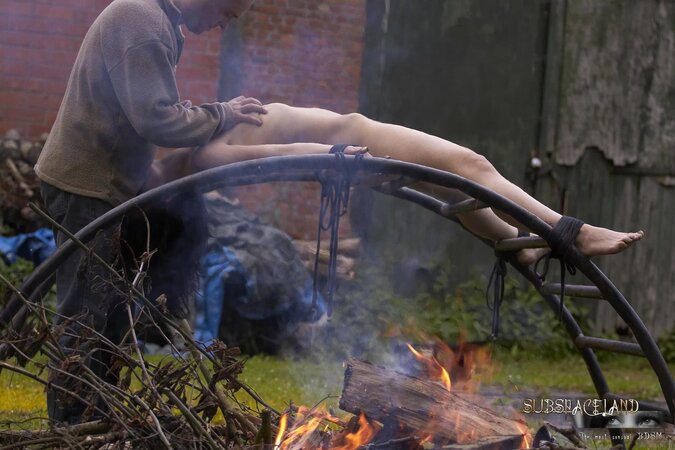Creepy man dominates over submissive brunette outdoors in various ways