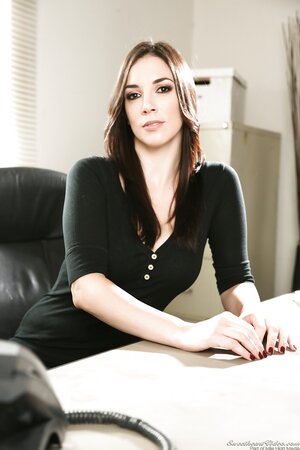 During work secretary with nice tits becomes in mood to fool around naked
