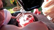 Three stunning bitches having outdoor hardcore with some hung jocks