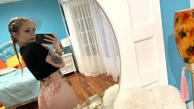 Blondie shows off her tattoos and bare pussy at first