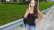 Busty brunette PAWG fucks herself with dildo alone on the beach