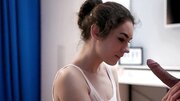 Petite brunette sucks cock then rides and gets a cumshot