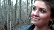 Sexy bitch is sucking two dicks in the forest in a hot threesome