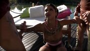 Top heavy girl is getting fucked by two large men in a threesome