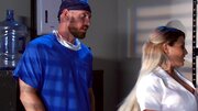 A blonde is in the hospital, having fun with the doctor on the table