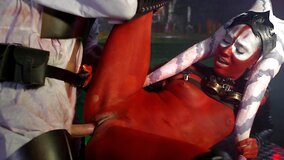 A girl with body paint on her is getting fucked in the Star Wars parody