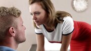 A blonde with huge boobs is sucking a cock and she is riding it
