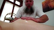 Old masseur with shaggy beard licks and fucks client's pussy