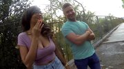 Buddy nails big-boobied chick outside near fence