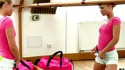 Skinny gymnast girl works out and masturbates in front of mirror