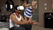 Sexy blonde helps macho enjoy virtual reality and sex