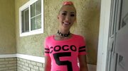 Dominated sub slut takes a cumshot on her eyelids