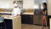 Pleasant girl leaves stepdad to have sex with chef in the kitchen