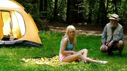 Blonde satisfied by old stranger during picnic in forest