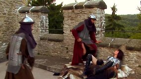 Slender redhead hottie gets banged outside by three men