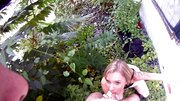 Hot blonde girl is having oral and vaginal sex outdoors