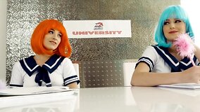 Teen chicks in uniforms are having hot lesbian sex on the table