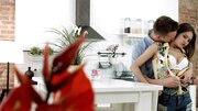 Stunning Asian hottie blows and fucks in the kitchen