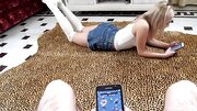 Female makes man experience great bonking on a grey couch