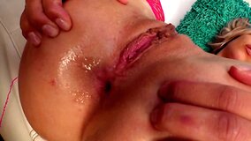 Blonde slut in ripped fishnet pantyhose moans loudly during anal
